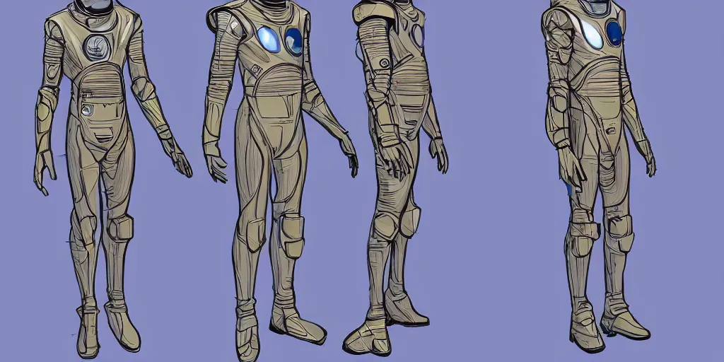 Image similar to male, space suit, character sheet, concept art, stylized, large shoulders, short torso, long thin legs, exaggerated proportions, concept design, by jean giraud