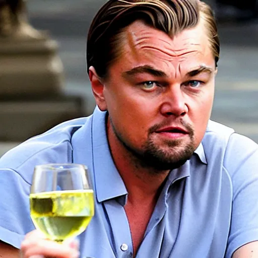 Prompt: Leonardo DiCaprio drinking wine and reading the news photo