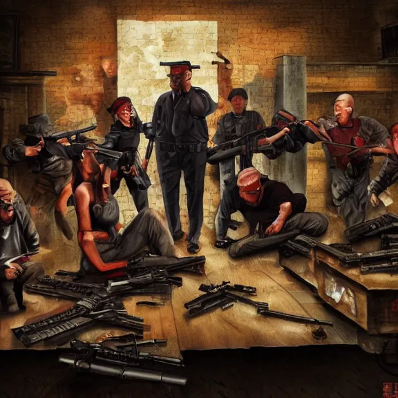 Image similar to a group of people with guns in a room, a jigsaw puzzle by xi gang, cg society, regionalism, sabattier effect, matte background, hellish background