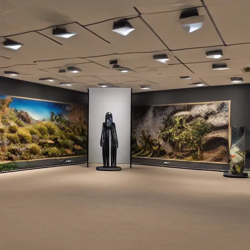 Prompt: a fujifilm x - h 2 s color photography of an exhibition room with an arrangement of elements / anthropological object / tropicalism / ( ( ( ( ( ( ( ( ( ( ( ( ( brutalism ) ) ) ) ) ) ) ) ) ) ) ) ) / animism, grain / shades / highly detailed / 1 2 0 0 dpi