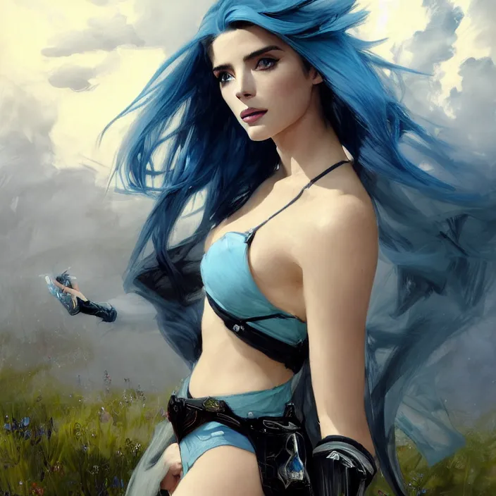 Image similar to portrait of a combination of Ashley Greene, Adriana Dxim, Grace Kelly and Lily Collins with blue hair wearing Warframe armor, countryside, calm, fantasy character portrait, dynamic pose, above view, sunny day, thunder clouds in the sky, artwork by Jeremy Lipkin and Giuseppe Dangelico Pino and Michael Garmash and Rob Rey and Greg Manchess and Huang Guangjian, very coherent asymmetrical artwork, sharp edges, perfect face, simple form, 100mm