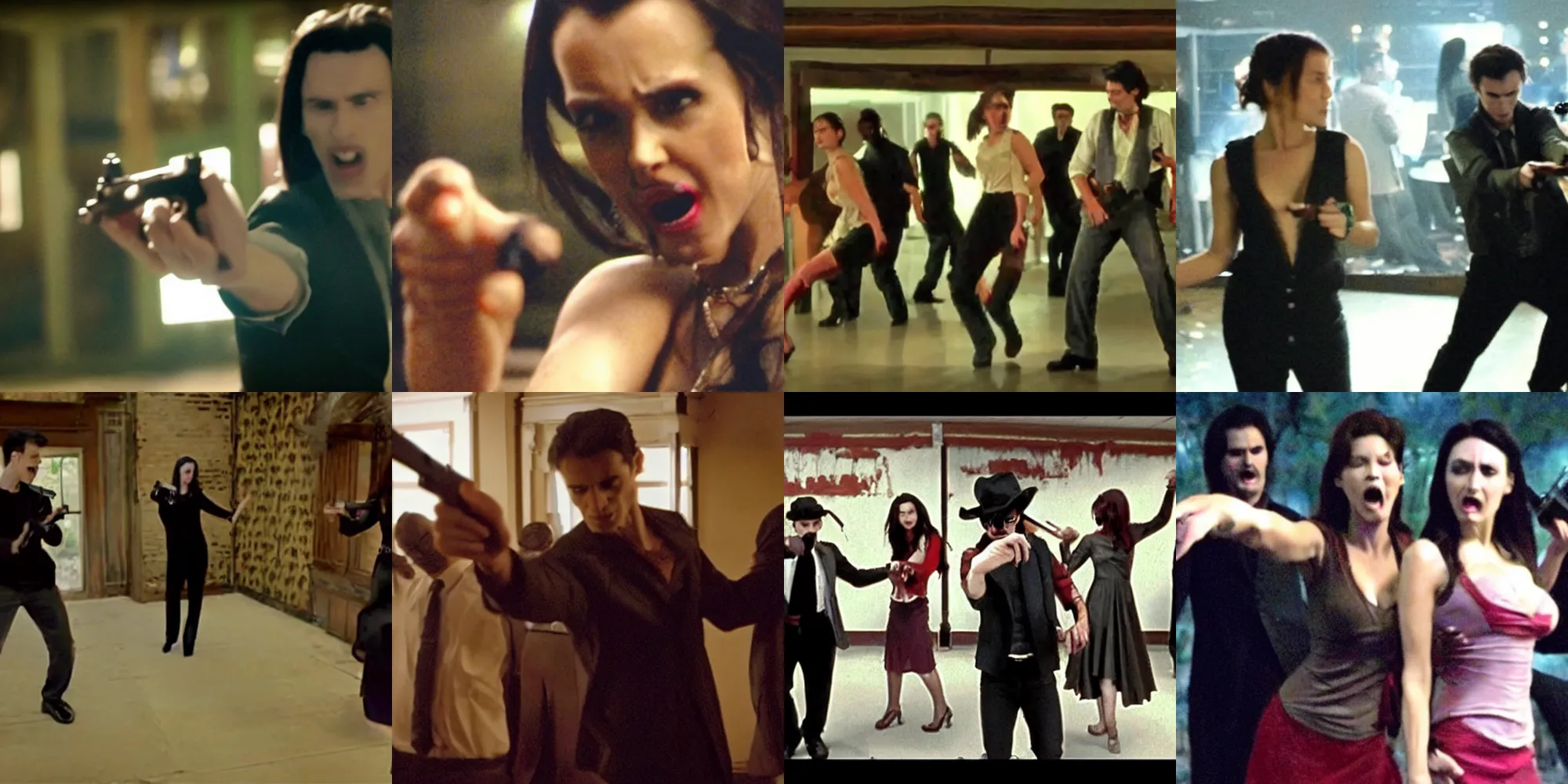 Prompt: Still from Vampires Dancing Holding Guns Movie, low quality, disjoint haphazard, high budget, heavily downvoted