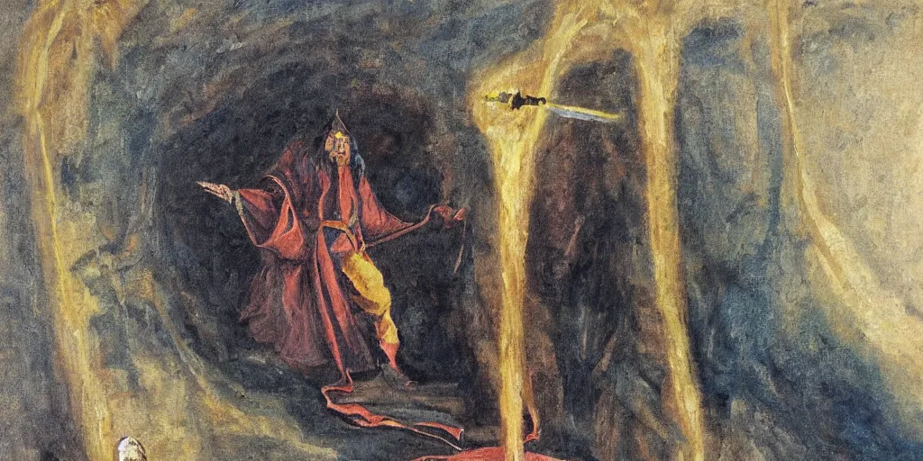 Prompt: oil painting of wizard dragged from king's chamber