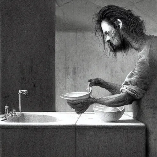 Prompt: Johny Depp washing dishes by Zdzislaw Beksinski