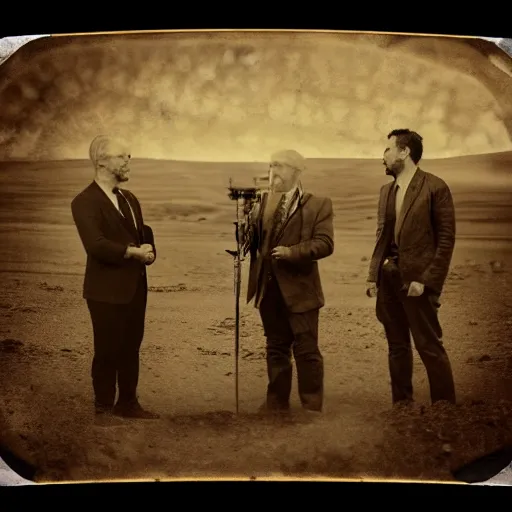 Image similar to tintype photograph, lovecraftian aliens talking with the president of the united states, desert location, highly detailed, 8 k, trending on artstation