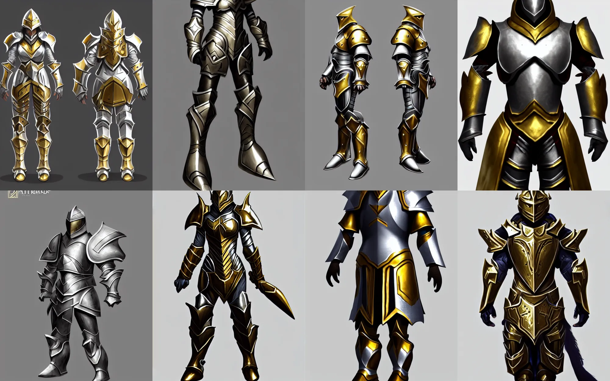 Prompt: paladin armor, stunning character art, silver armor with gold trim, trending on artstation, extremely clean, uncluttered, high quality, exaggerated proportions, very professional, low detail