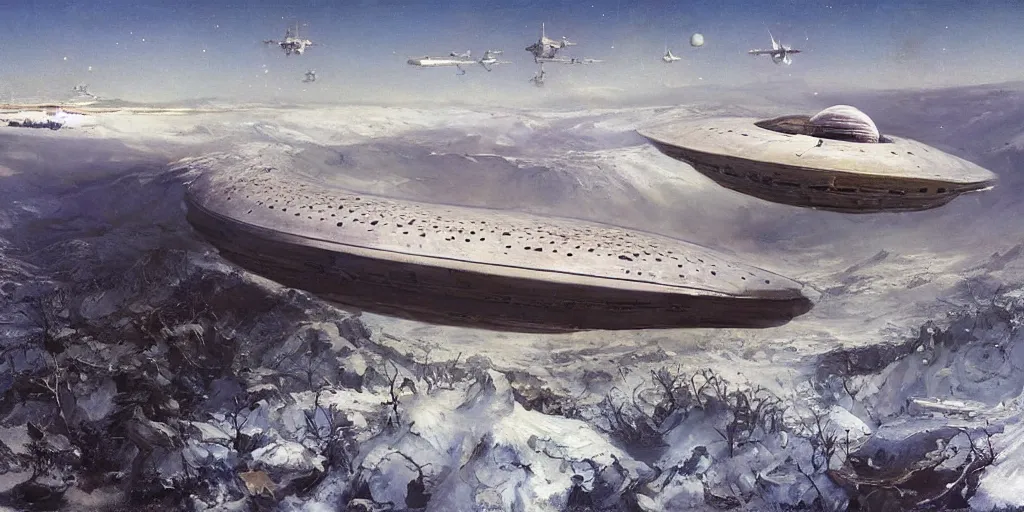 Prompt: Fernand Khnopff white giant spaceship starship battlestar airship in center on tansy wormwood field, snowy mountain afar by Fernand Khnopff by john berkey, oil painting, concept art