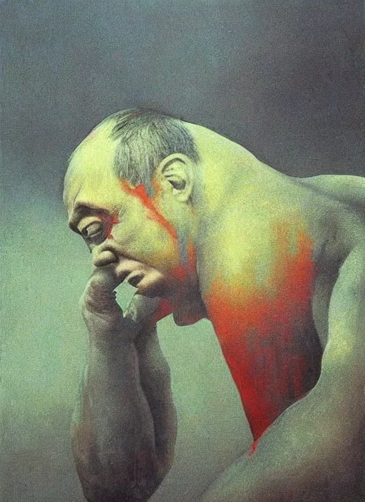 Image similar to Painting in a style of Beksinski featuring Vladimir Putin. Suffering and pain