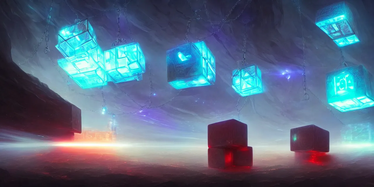 Prompt: a fleet of giant glowing futuristic cubes tied to each other with lots of glowing chains in the sky, thick glowing chains, light rays bouncing between cubes, a fantasy magical landscape seen in the distance, atmospheric lighting, intricate, volumetric lighting, beautiful, sharp focus, ultra detailed, in the art style of marc simonetti, bowater charlie and brom gerald, astrophotography