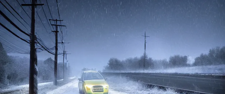 Prompt: Audi A4 B6 Avant (2002), a gritty neo-noir, Robot horror, dramatic bright lighting, cinematic, establishing shot, extremely high detail, photorealistic, cinematic lighting, artstation, by simon stalenhag, Snowy italian road, Snowy Apennines, At night, Poets of the Fall - Late Goodbye