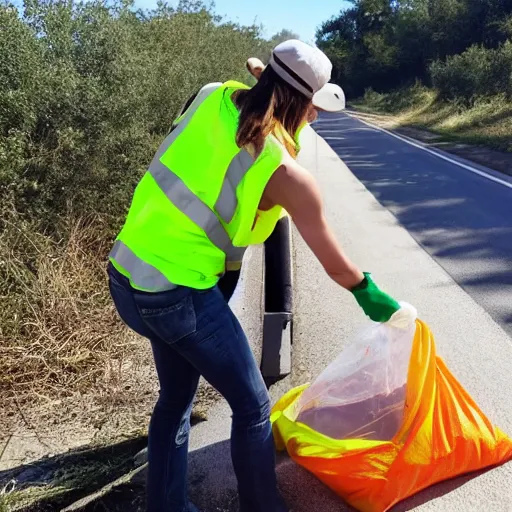 Prompt: emma watson in a hi vis vest picking up trash on the side of the interstate,