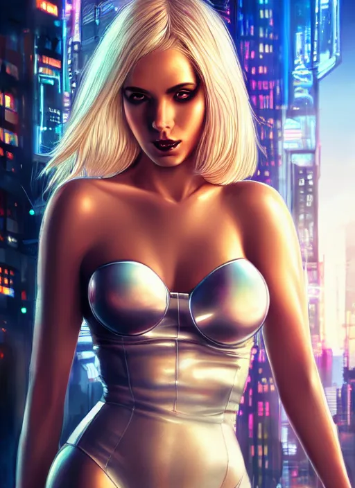 Image similar to photo of a gorgeous blonde female in cyberpunk city, realistic, sharp focus, 8 k high definition, insanely detailed, intricate, elegant, artgerm, greg kutkowski, high contrast dramatic lighting