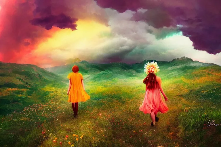 Image similar to giant dahlia flower crown under head, girl walking on mountain, surreal photography, colorful storm clouds, dramatic sunset, impressionist painting, digital painting, artstation, simon stalenhag