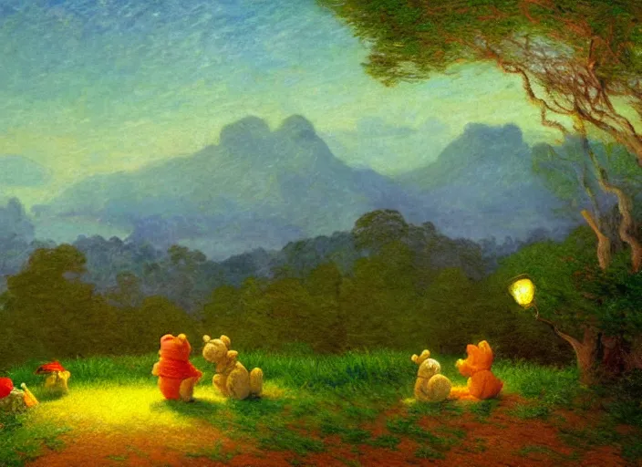 Prompt: romanticism impressionism landscape painting of winnie the pooh characters at night, night time, colorful paper lanterns, in the style of hudson river school and thomas cole and albert bierstadt and robert duncanson and vincent van gogh and claude monet