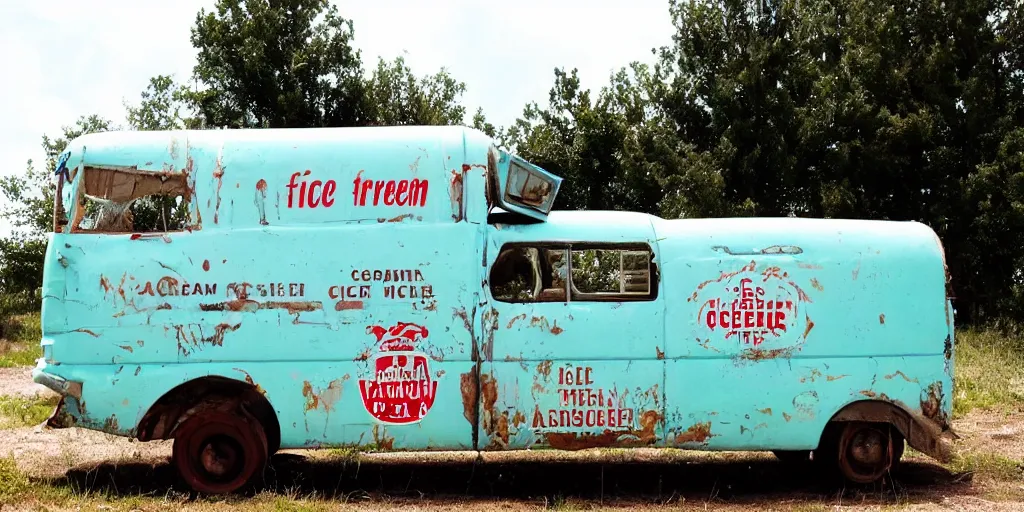 Prompt: an abandoned ice cream truck from the 6 0 s, with the words free ice cream and a logo for the ice cream company algida