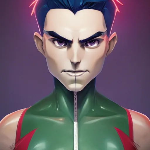 Prompt: a symmetrical face shot character design by artgerm, wlop, ross tran. young danny phantom!! glowing green eyes!! sharp teeth grin!! face sharp edges. ultra clear detailed. 8 k. ultra detailed, elegant, intricate, octane render.