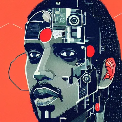 Image similar to portrait of kawhi leonard as half terminator with a robot eye in a scenic environment by conrad roset, watercolors, cybernetically enhanced, hyperdetailed, cyberpunk, cool, trending on artstation