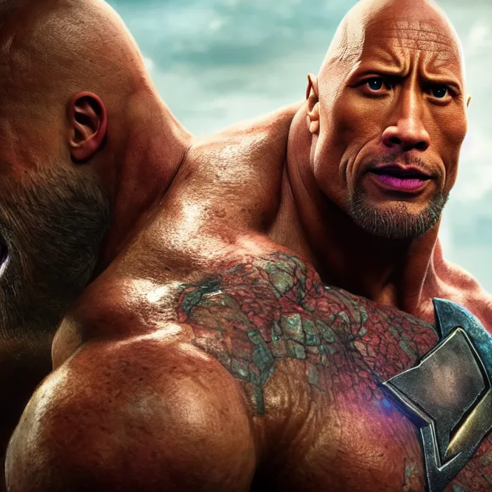 Prompt: Dwayne Johnson as Thanks, avengers end game, avengers infinity war, au naturel, hyper detailed, digital art, trending in artstation, cinematic lighting, studio quality, smooth render, unreal engine 5 rendered, octane rendered, art style by klimt and nixeu and ian sprigger and wlop and krenz cushart
