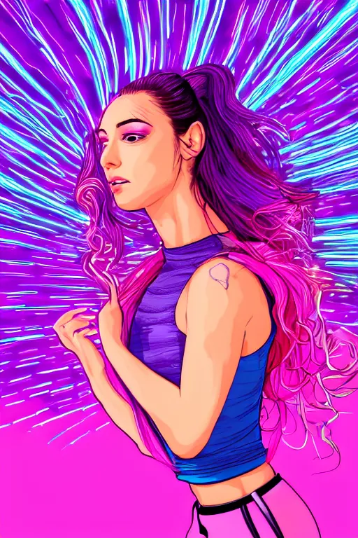 Image similar to a award winning half body portrait of a beautiful woman in a croptop and cargo pants with ombre purple pink teal hairstyle with head in motion and hair flying, surrounded by whirling illuminated lines, outrun, vaporware, shaded flat illustration, digital art, trending on artstation, highly detailed, fine detail, intricate