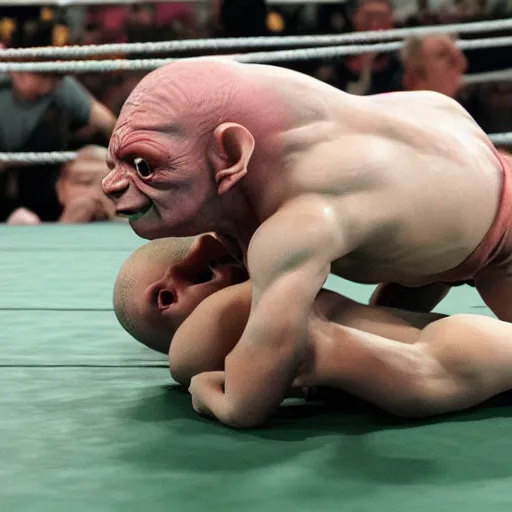 Prompt: gollum smeagol wrestling ultra detailed, ultra realistic