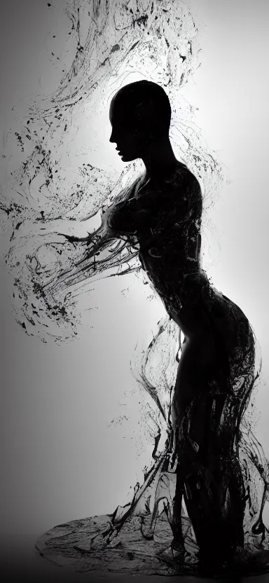 Image similar to film still, perfect female body silhouette, liquid sculpture, astral clockwork, golden sheer curtains flowing in wind, photorealism, beautiful portrait, white and black latex mixture, black ink, body acts photography, abstract art, concept art, matte painting, bokeh lights, one point light, elegant, weta fx, weta digital, artstation, holographic colors