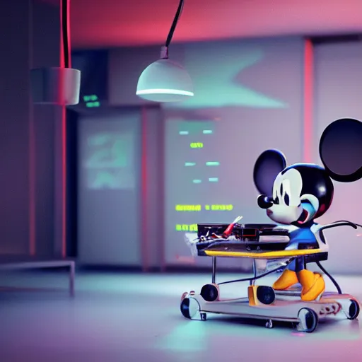 Prompt: a cybertronic mickey mouse being dissected by a group of scientists, octane render, beeple, cgstation, 3 d render, very detailed, mindblowing