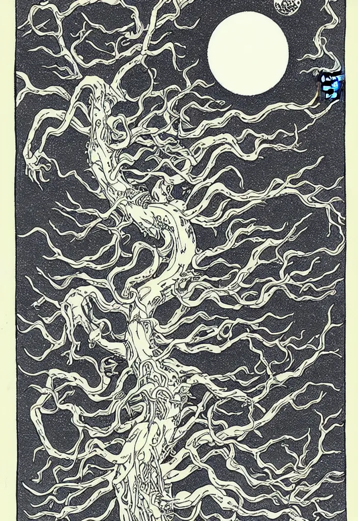 Prompt: prompt: magical white skeleton Bonsai tree squid creature roots merging into big moon drawn by TakatoYamamoto, Japanese woodblock print style, inspired by 1980's sci-ci, clean ink detailed line drawing, intricate detail, manga 1980