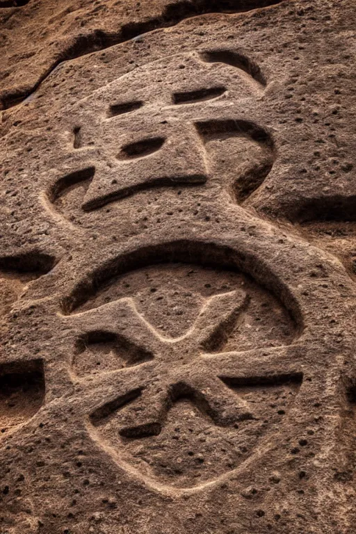 Image similar to 4 k photography of petroglyphs representing crosses, ufo and alien symbols on a cave