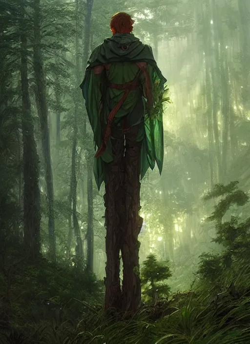 Image similar to elf man wearing dark green with a shield on his back standing at a forest looking for adventure in the mountains, tall trees, landscape is lush, moody sunset in background, greg rutkowski, alphonse mucha, trending on artstation, artgerm, unreal engine, breathtaking, award winning, highly detailed