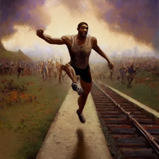 Prompt: cinematic painting of qwop!!!!!!!!!!!!!!!!! running down the track by gaston bussiere, craig mullins, j. c. leyendecker, kinetic, motion, athletic, running