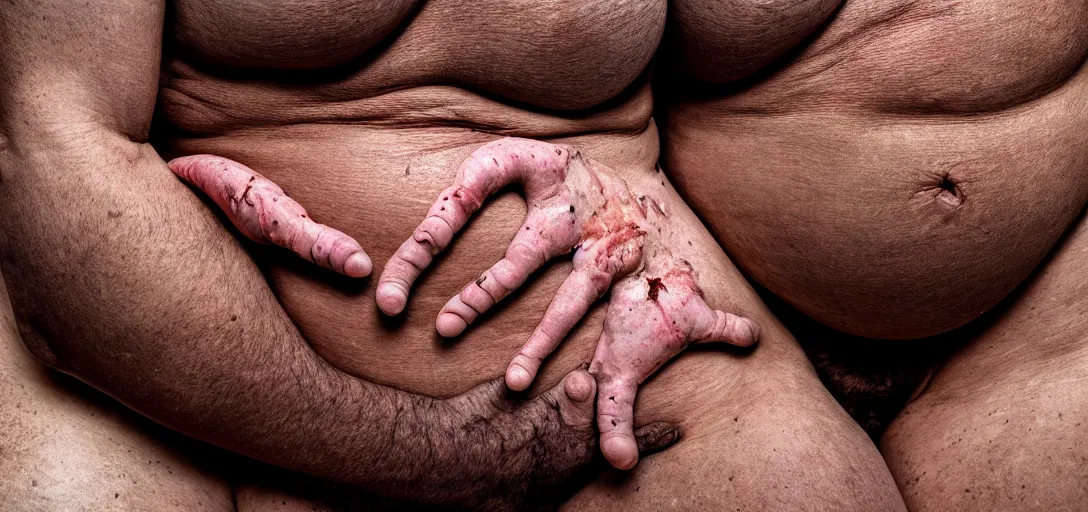 Prompt: a photograph of a landscape made of skin, folds of belly flab, skin, veins, bruises, scabs, warts, acne, highly detailed, wide angle lens, depth of field, even lighting, hdri