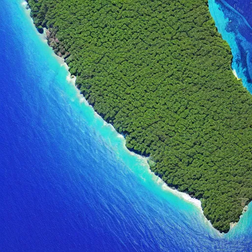 Prompt: satellite picture of large island in the middle of the ocean, water is blue and trees are green and lush, mountains are visible through the trees