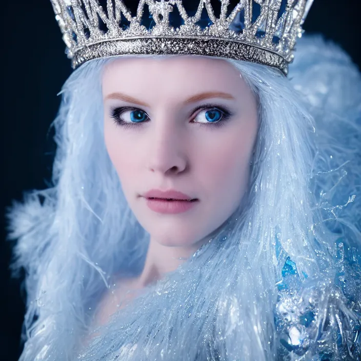 Prompt: photograph of a real-life beautiful ice queen with intricate crown and cloak. Extremely detailed. 8k