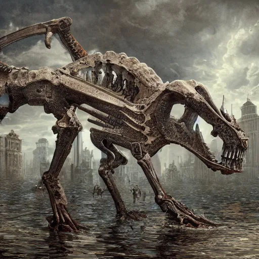 Prompt: giant quadruped bone creature walking through the center of a flooded city, extreme detail, abstract realism, highly ornate intricate details, 1 9 2 0's colored pencil, 4 k, cinematic lighting,