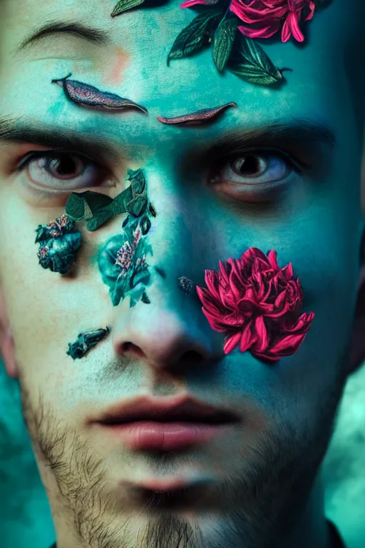 Image similar to neo-surrealist hyper detailed close-up portrait of man covered in rococo flower tattoos matte painting concept art key sage very dramatic dark teal lighting low angle hd 35mm shallow depth of field 8k