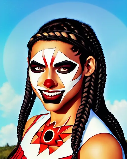 Prompt: in the style of artgerm and Andreas Rocha and Joshua Middleton, pretty Native American young woman with braids and red and black face paint on, smile on face, Symmetrical eyes symmetrical face, full body, prairie in background, scenic, natural lighting, warm colors