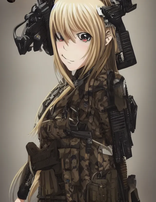 Image similar to an anime portrait of a blonde vampire girl in desert camo tactical gear, trending on artstation, digital art, 4 k resolution, detailed, high quality, sharp focus, hq artwork, coherent, insane detail