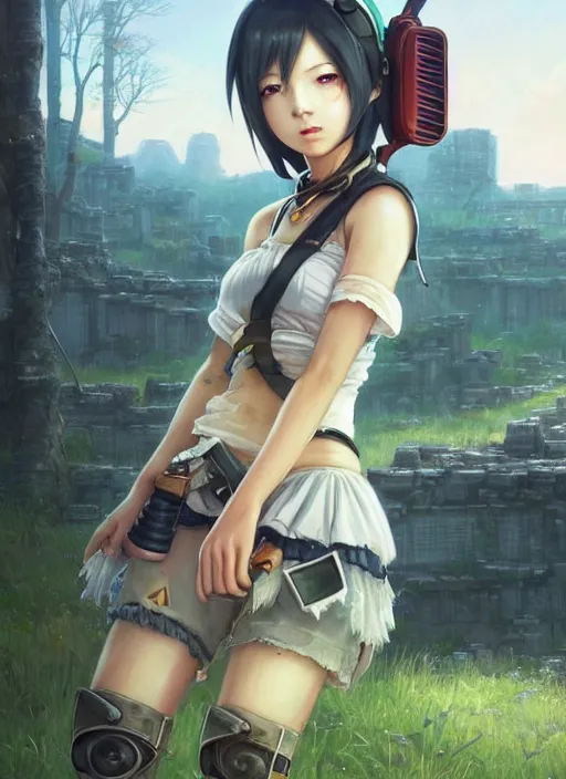 Prompt: beautiful portrait of yuffie from final fantasy dahyun from twice the style of wlop, artgerm, yasutomo oka, yuumei, rendered in unreal engine, surrounded by epic ruins landscape by simon stalenhag, digital art dynamic dramatic lighting, imagine fx, artstation, cgsociety, by bandai namco artist,