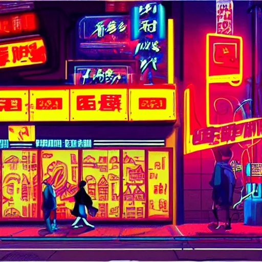 Image similar to cyberpunk street corner at night with neon signs in chinese, a McDonald's restaurant, people walking the street in the style of Edward Hopper