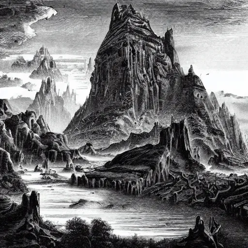 Image similar to impressive fantasy landscape, pure b & w, engraving illustration, masterpiece