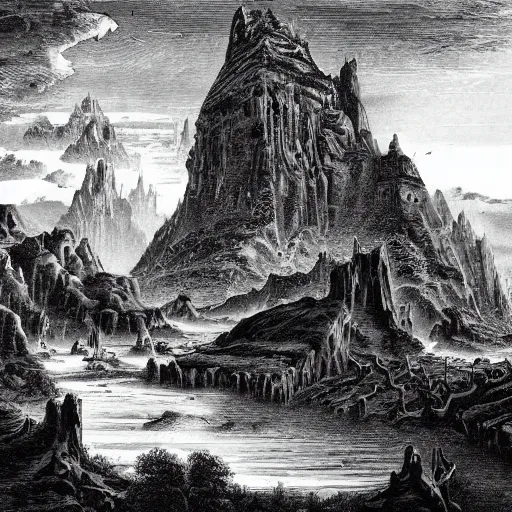 Prompt: impressive fantasy landscape, pure b & w, engraving illustration, masterpiece