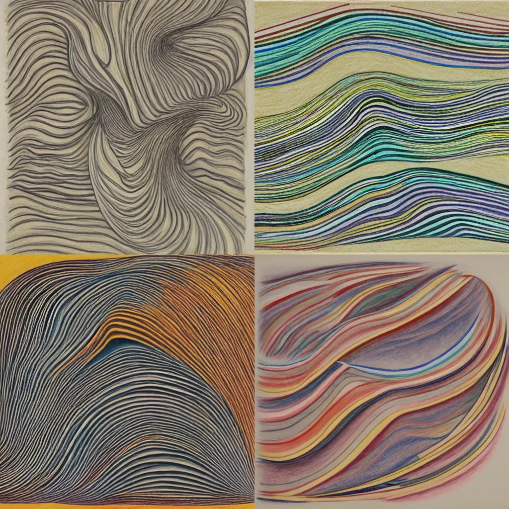 Prompt: medium:colored fine-pencil on paper, waves made of Notation, Symbols, Lines, Sequences, Interpretation, Instructions, Communication, Visuality, Process, form, line, character, surface, space, material, immaterial, sensual, symbolic, conceptual, Series, Variations, Temporalization, Processualization, Notation, Instruction, Form, Sign, Symbol, Movement, Parallel, Sequential, Disordered, Unconnected, Static, Visual, Mental, Iconic, Imaginative. Creative, large-scale, multi-part, process, drawing, repetition, variation, order, chaos, improvisation