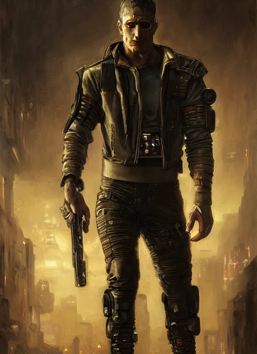 Image similar to frankenstein. cyberpunk mercenary wearing a military vest and combat jumpsuit. (Cyberpunk 2077, bladerunner 2049). Iranian orientalist portrait by john william waterhouse and Edwin Longsden Long and Theodore Ralli and Nasreddine Dinet, oil on canvas. Cinematic, hyper realism, realistic proportions, dramatic lighting, high detail 4k