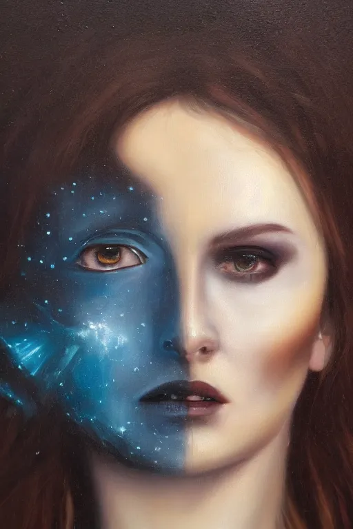 Image similar to hyperrealism oil painting, close - up portrait of european medieval brunette vampire fashion model, knight, steel gradient mixed with nebula sky, in style of baroque