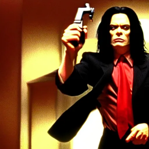 Image similar to still of tommy wiseau as vincent vega holding a gun in pulp fiction ( 1 9 9 4 ), 4 k, cinematic, film footage, screencap, by quentin tarantino