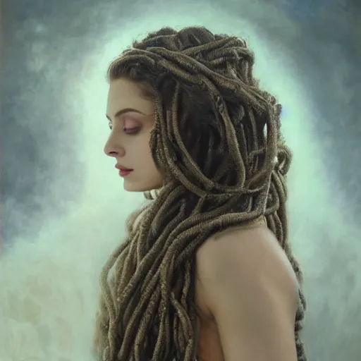 Image similar to Head and shoulders masterpiece portrait of the beautiful goddess Lana Rhoades as Medusa the greek goddess, she is looking straight to the camera, she has a glow coming from her, she is getting illuminated for rays of light, behind is a scary atmosphere, she is posing, the photo was taking by Annie Leibovitz, matte painting, oil painting, naturalism, 4k, 8k