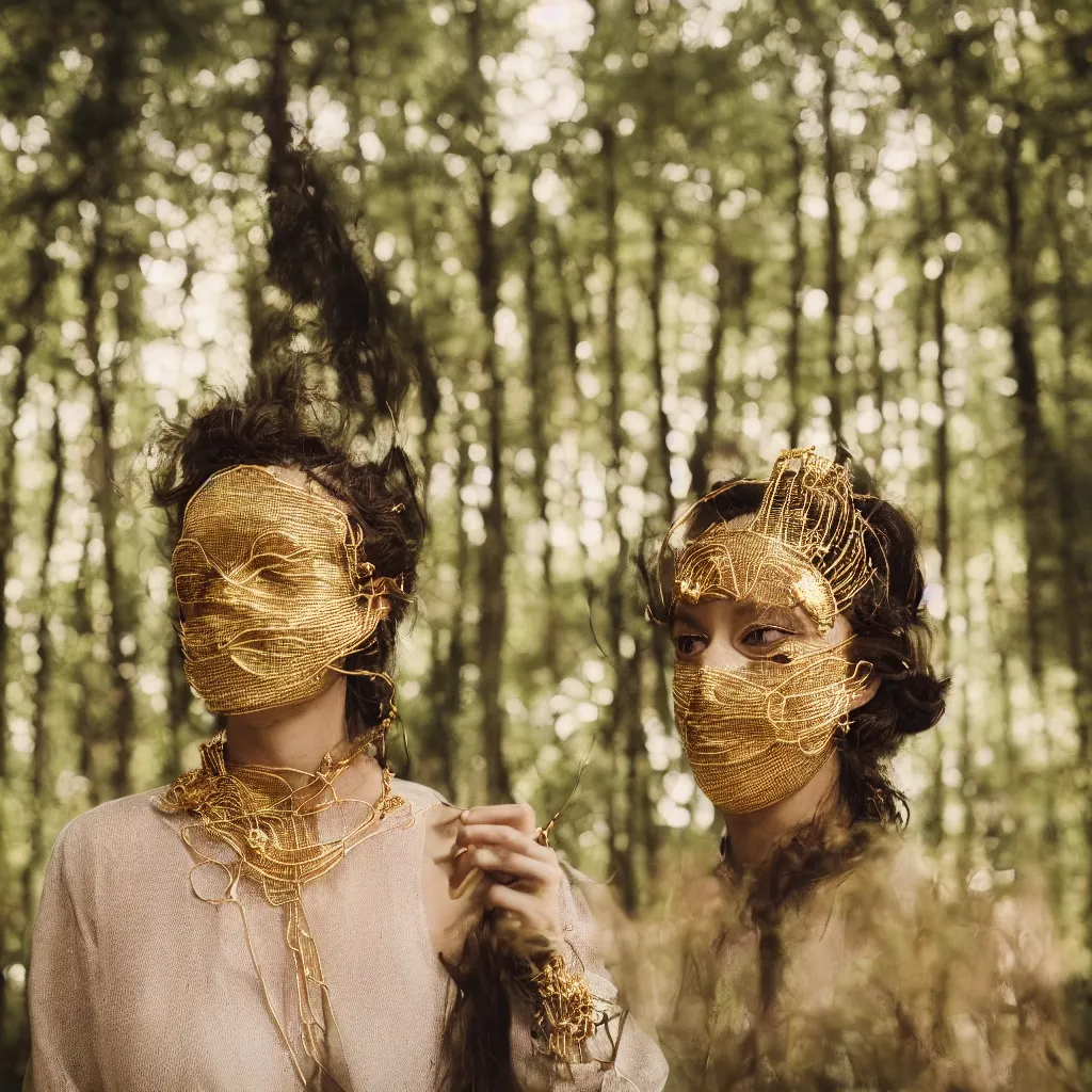 Prompt: a portrait photography of a woman wearing a mask made of wire, linen, and jewels, in a forest, golden hour, cinematic, Kodak Portra 800 film