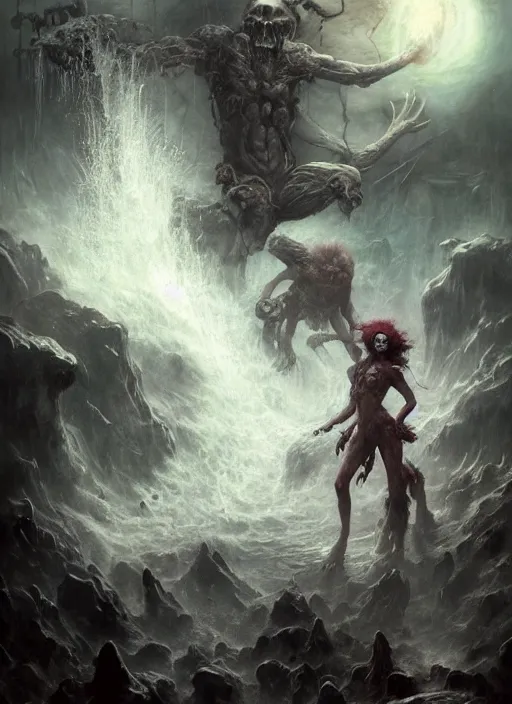 Image similar to shackled in styx river of the underworld, frank frank frazetta and cgsociety, stunning sasquatch, blood splatters, charlie bowater and tom bagshaw, insanely detailed, deviantart, space art, atoms surrounded by skulls, death, and spirits flying, water fall, horror, sci - fi, surrealist painting, by peter mohrbacher