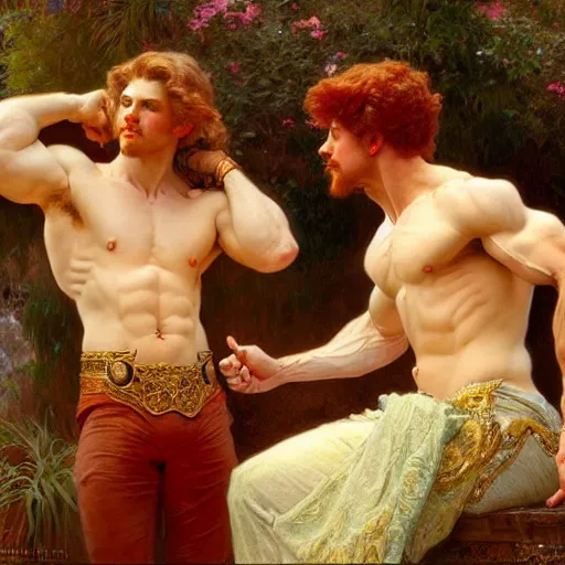 Prompt: attractive muscular mike with ginger hair with muscular attractive tyler with brunet hair, drinking their hearts out, in their noble mansion. highly detailed painting by gaston bussiere, craig mullins, j. c. leyendecker, alphonse mucha 8 k