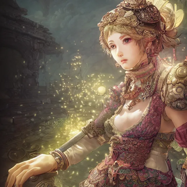 Image similar to the portrait of neutral good colorful female cleric bard as absurdly beautiful, gorgeous, elegant, sophisticated gravure idol, an ultrafine hyperdetailed illustration by kim jung gi, irakli nadar, intricate linework, sharp focus, bright colors, octopath traveler, final fantasy, unreal engine 5 highly rendered, global illumination, radiant light, detailed and intricate environment